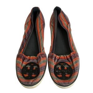 Tory Burch Raymond Striped Multicolor Canvas Shoes Flats Logo Size 10.5